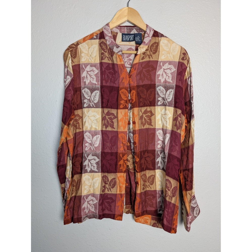 Blassport Shirt Womens Medium Multicolor Leaf Patchwork Button Long Sleeve‎ Top